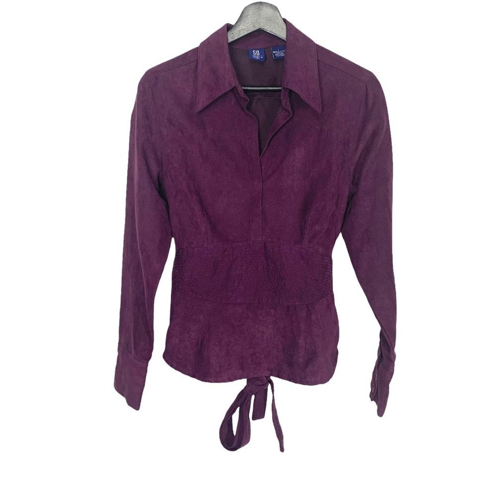 Vintage 90s Purple Faux Suede Long Sleeve Waist Panel Tie Top Large